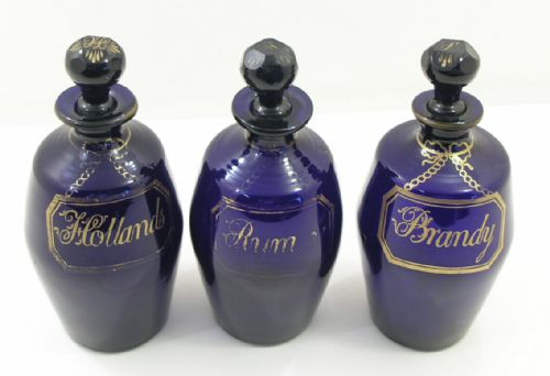 Fine Set of 3, 18th Century Bristol Blue Decanters