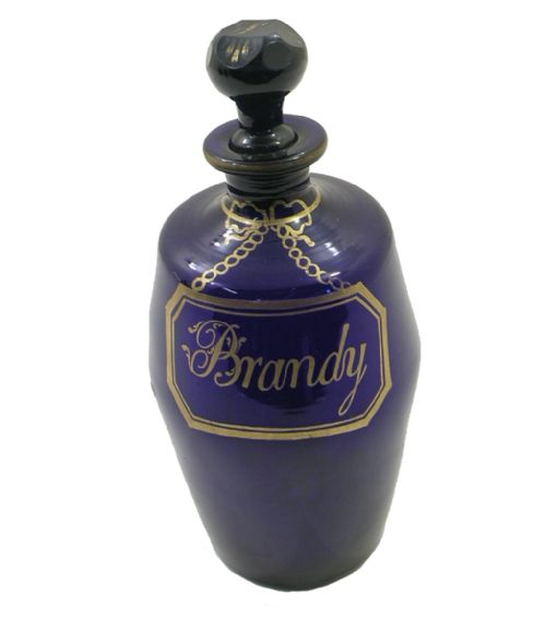 fig 1. FINE SET OF 3, 18th CENTURY BRISTOL BLUE DECANTERS