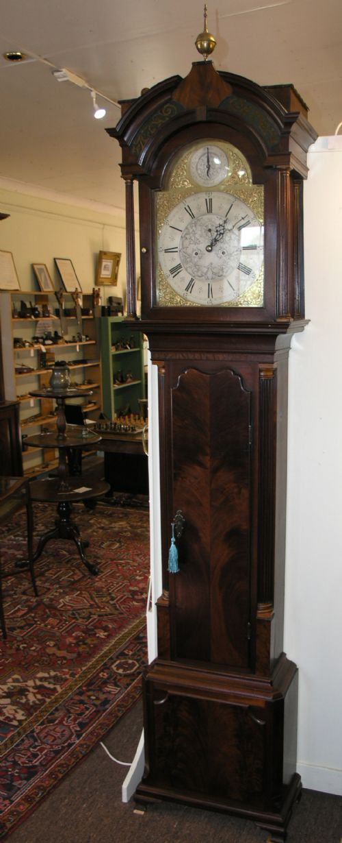 fig 1. IMPRESSIVE 8 DAY FLAME MAHOGANY LONGCASE CLOCK