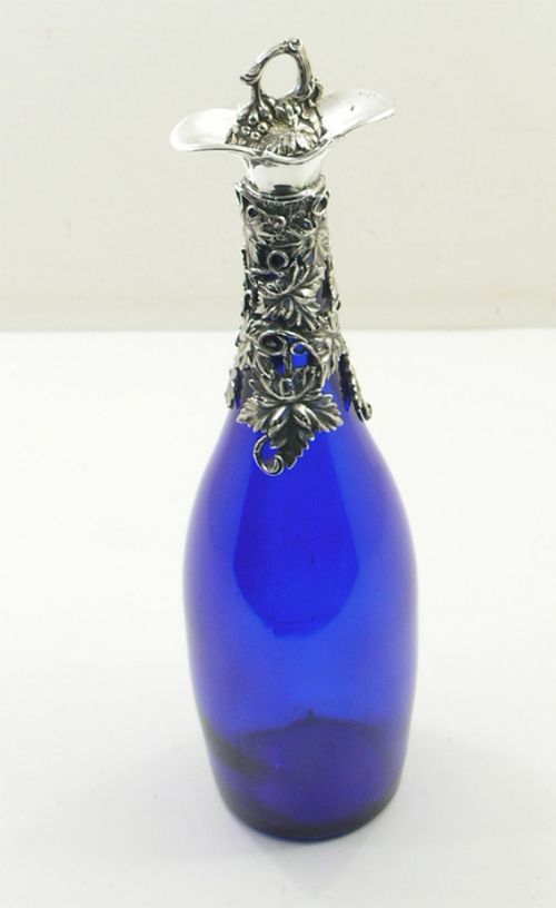 Stunning Bristol Blue & Silver Decanter. C. 1860