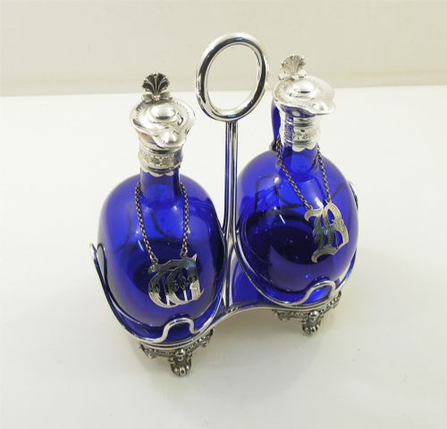 19th Century Bristol Blue Decanter Set with Stand