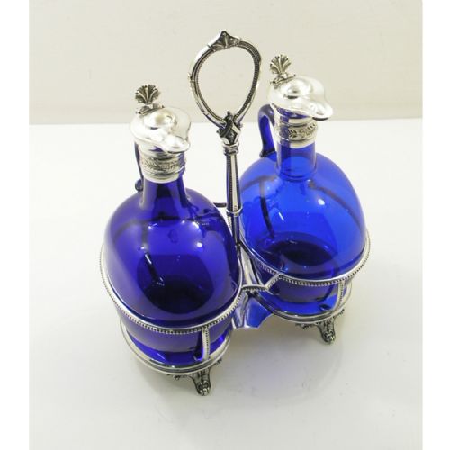 19th Century Bristol Blue & Silver Plated Decanter Set