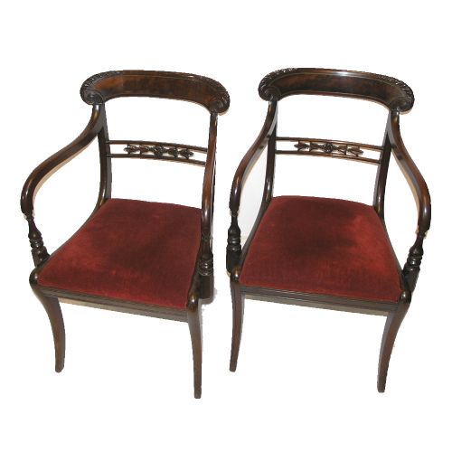 Fine Pair of Regency Mahogany Sabre Lg Arm Chairs