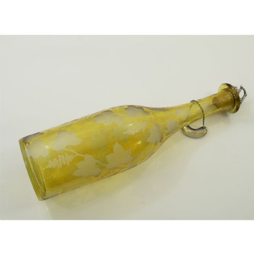 fig 1. BEAUTIFUL AMBER GLASS DECANTER WITH SILVER LABEL.