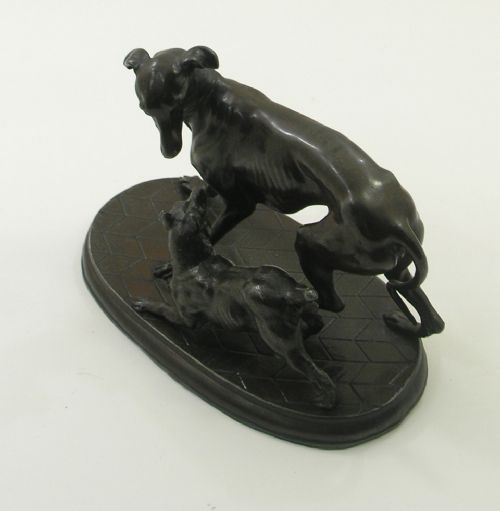 Victorian Nicely Modeled Spelter Dog Group. Great Colour