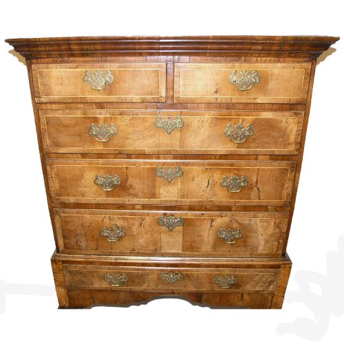 fig 2. FINE GEORGE II WALNUT AND ELM CHEST ON STAND. C. 1750