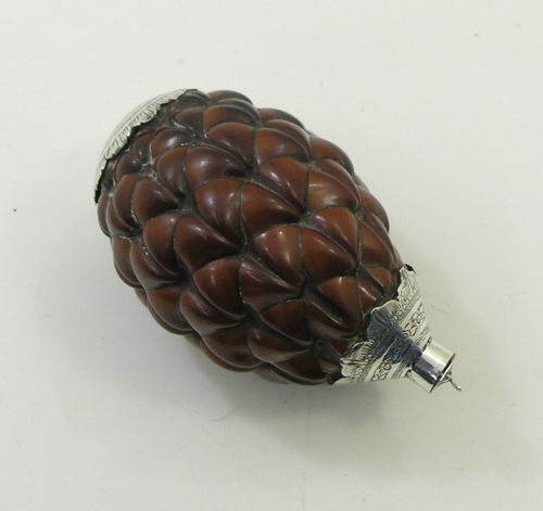 19th Century Carved Coquila Nut & Silver Flask