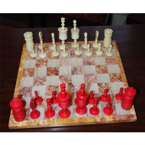 Victorian Carved Bone Chess Set with Board
