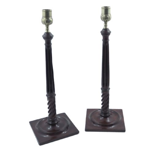 Pair George III Mahogany & Brass Candlesticks