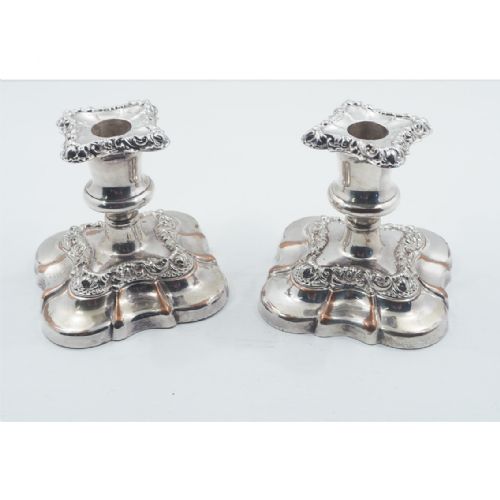Dwarf Pair of Sheffield Plate Candlesticks