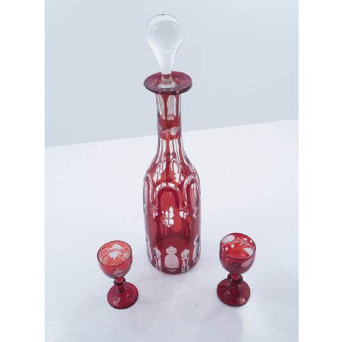 Continental Bohemian Red Glass Decanter + 2 Glasses