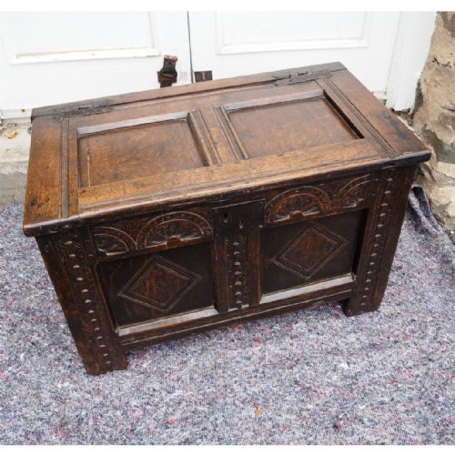 Baby Size 17th Century Carved Oak Coffer