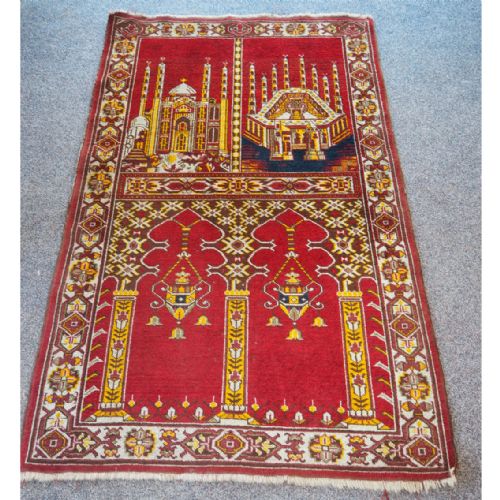Antique Afghan Pictorial Temple Prayer Rug