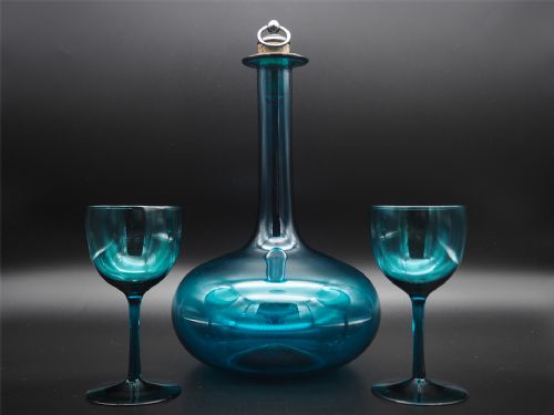 Rare Georgian Turquoise Decanter & Glasses