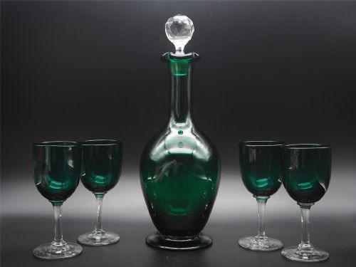 Victorian Green Decanter & Set of 4 Glasses