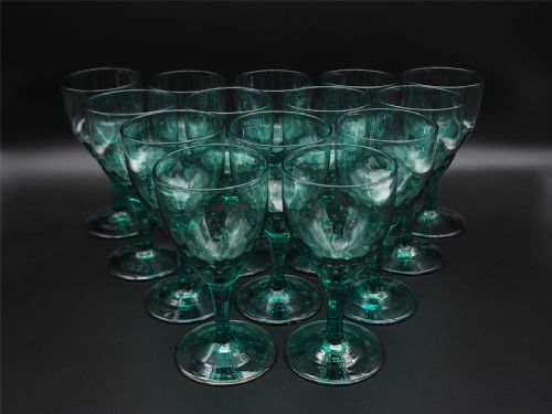 Rare Set of 14 Edwardian Green Wine Glasses