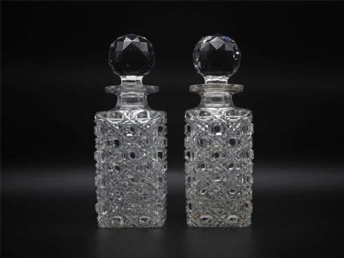 Small Pair of Hobnail Cut Glass Decanters