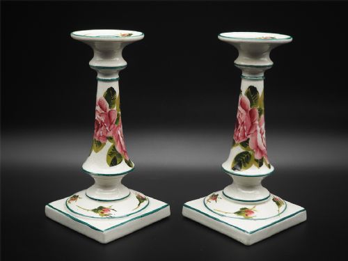 Fine Pair Scottish Wemyss Roses Candlesticks