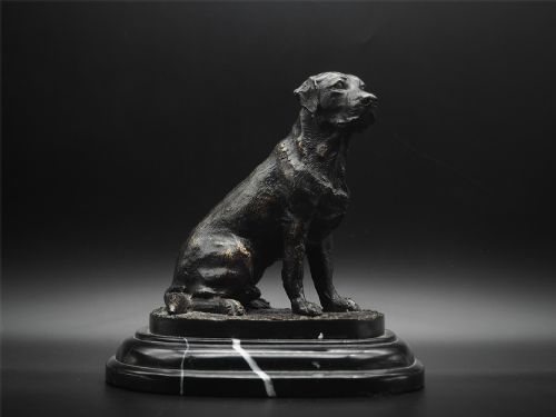 Bronze Dog Sculpture on Marble Base. Signed