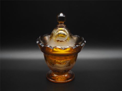Victorian Engraved Amber Glass Dish & Lid