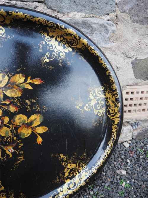 LARGE 19TH CENTURY OVAL PAPIER MACHE TRAY - ADDITIONAL PHOTO 3