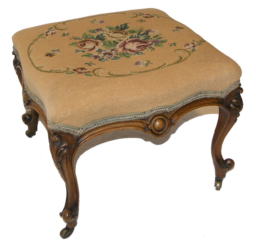 GOOD VICTORIAN WALNUT CABRIOLE LEG STOOL. C. 1870