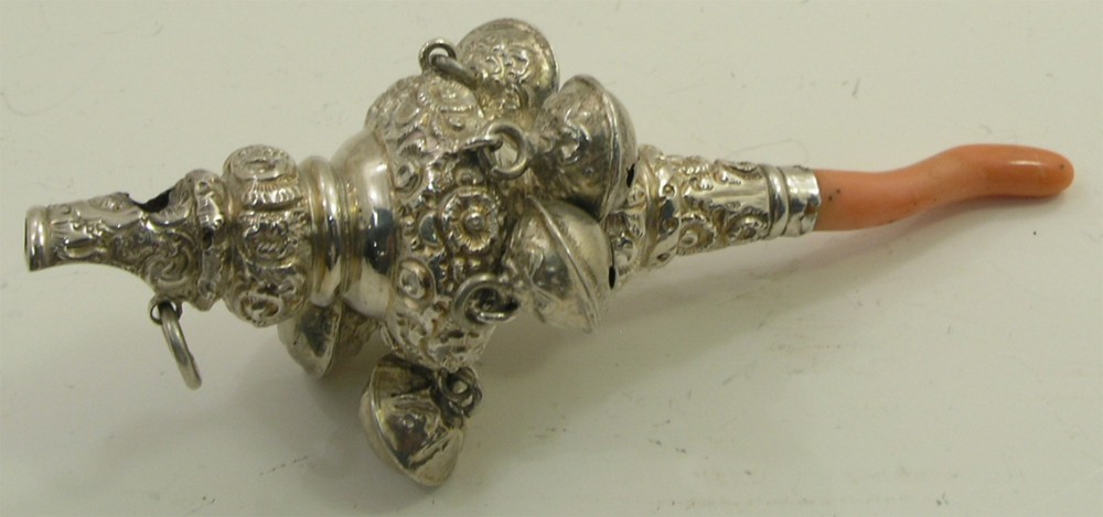 VICTORIAN SILVER AND CORAL BABIES 6 BELL RATTLE