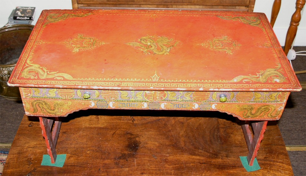 UNUSUAL CHINESE RED LACQUER FOLDING SCRIBES TABLE