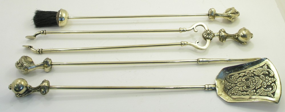 HEAVY QUALITY SET OF FOUR BRASS FIRE IRONS. C. 1930