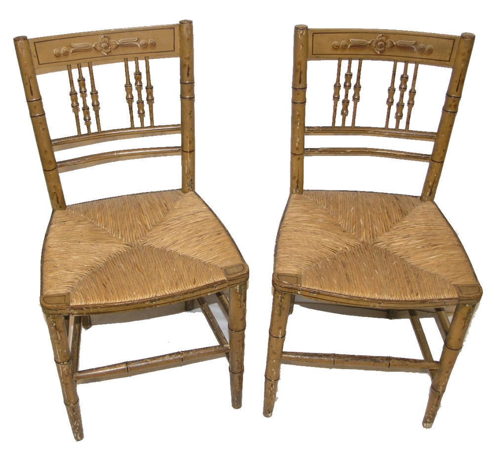 GOOD PAIR REGENCY PAINTED & SIMULATED BAMBOO CHAIRS