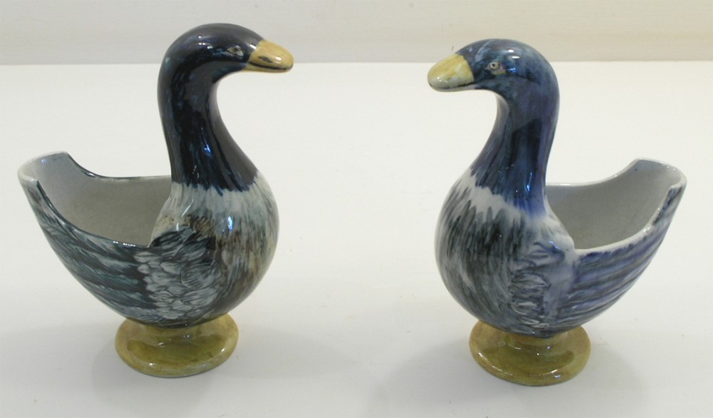 VERY RARE PAIR OF WEMYSS WARE GEESE FLOWER HOLDERS