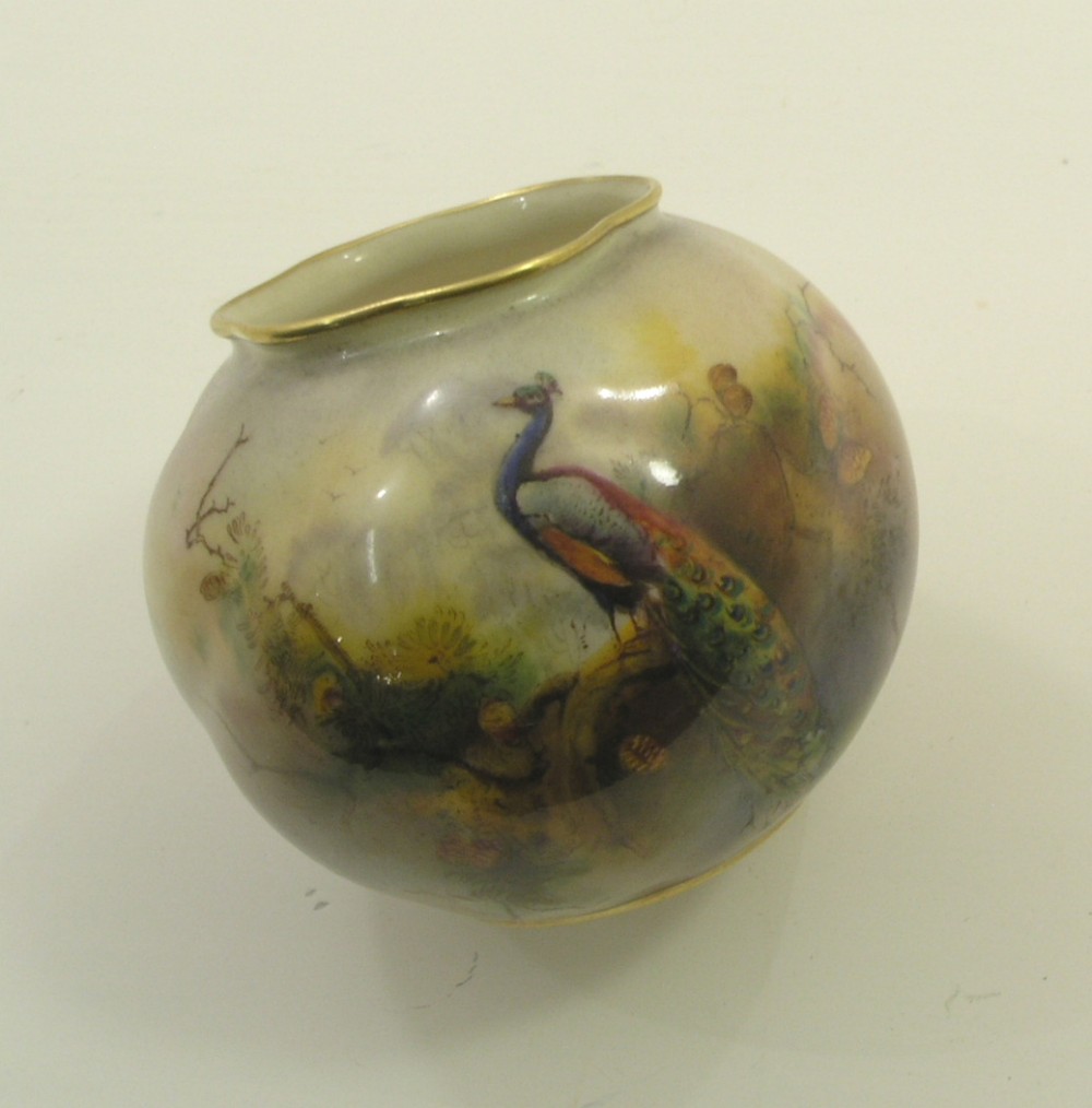 FINE ROYAL WORCESTER AUSTIN PEACOCK VASE. C. 1914