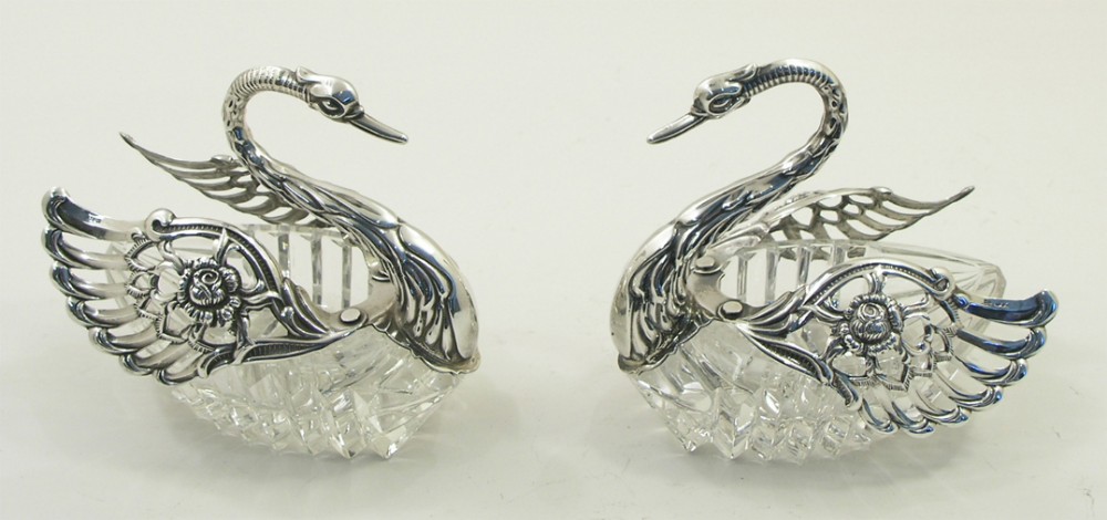 WONDERFUL PAIR OF SILVER & GLASS SWAN BUTTER DISHES