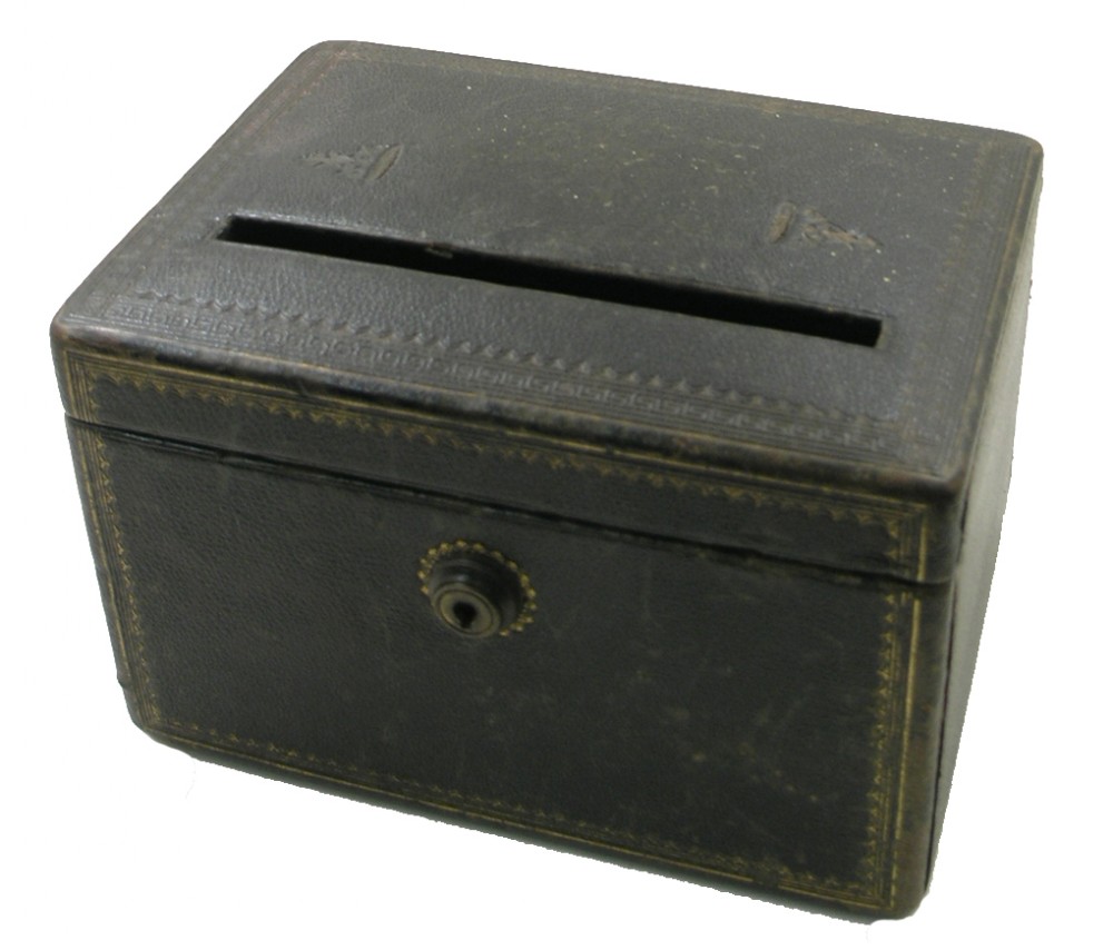RARE 19th CENTURY LEATHER EMBOSSED VOTING BOX. C. 1880