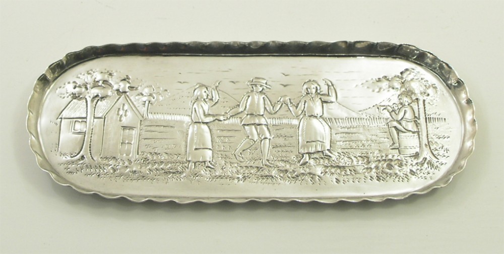FINE VICTORIAN SILVER PEN TRAY WITH GREAT SCENE
