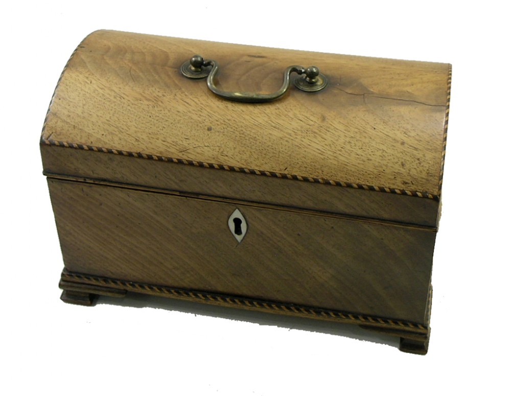 GEORGE III MAHOGANY DOME TOP TEA CADDY WITH CANISTERS
