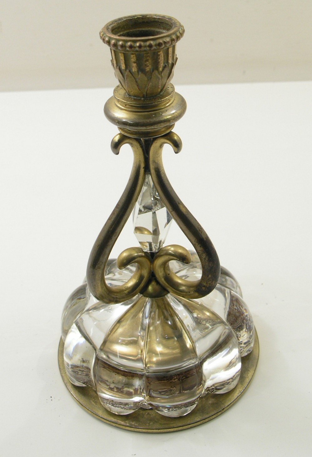 UNUSUAL PAIR OF CONTINENTAL BRASS & GLASS CANDLESTICKS