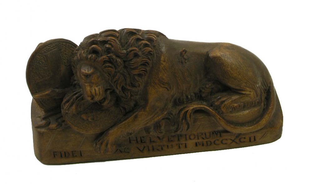 SWISS LIMEWOOD CARVING OF A LION AT LUCERNE. C. 1880
