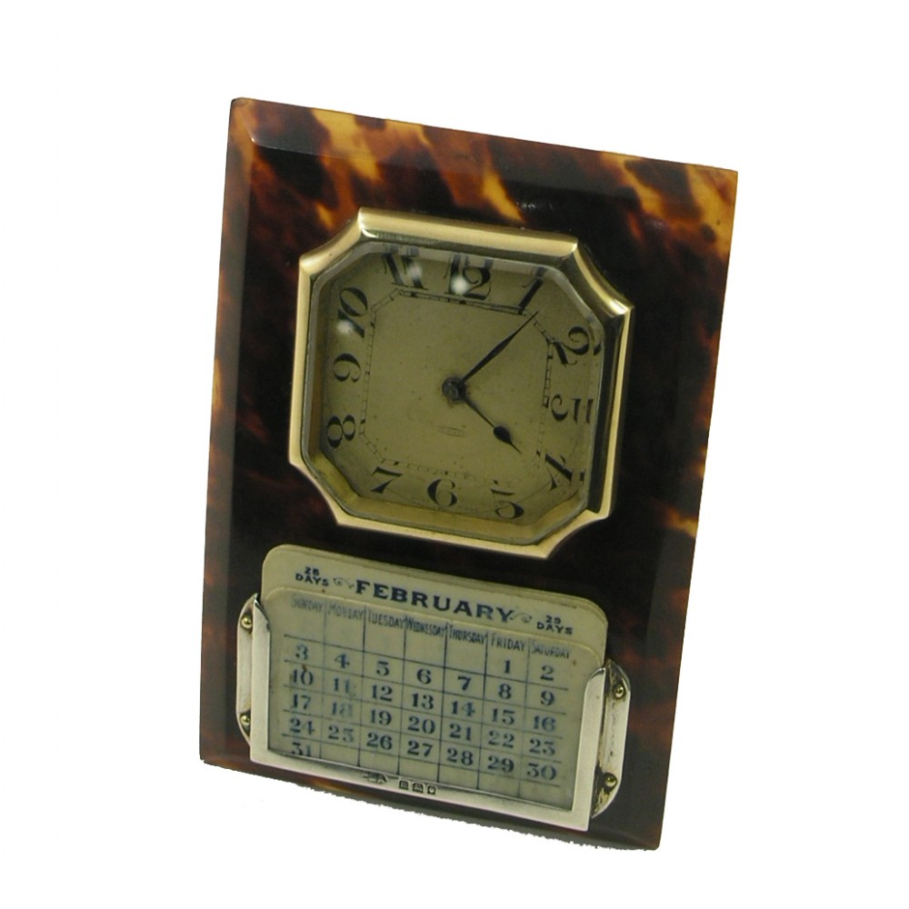 EDWARDIAN TORTOISE SHELL & SILVER DESK CLOCK SET