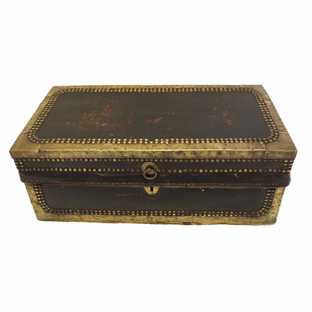 SMALL BRASS STUDDED LEATHER CAMPHOR BOX