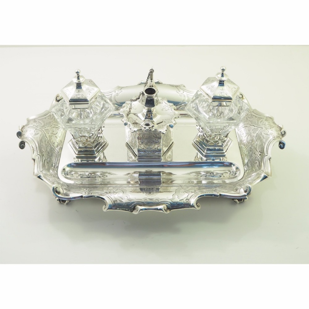 SUPERB STERLING SILVER DESK SET BY BARNARD