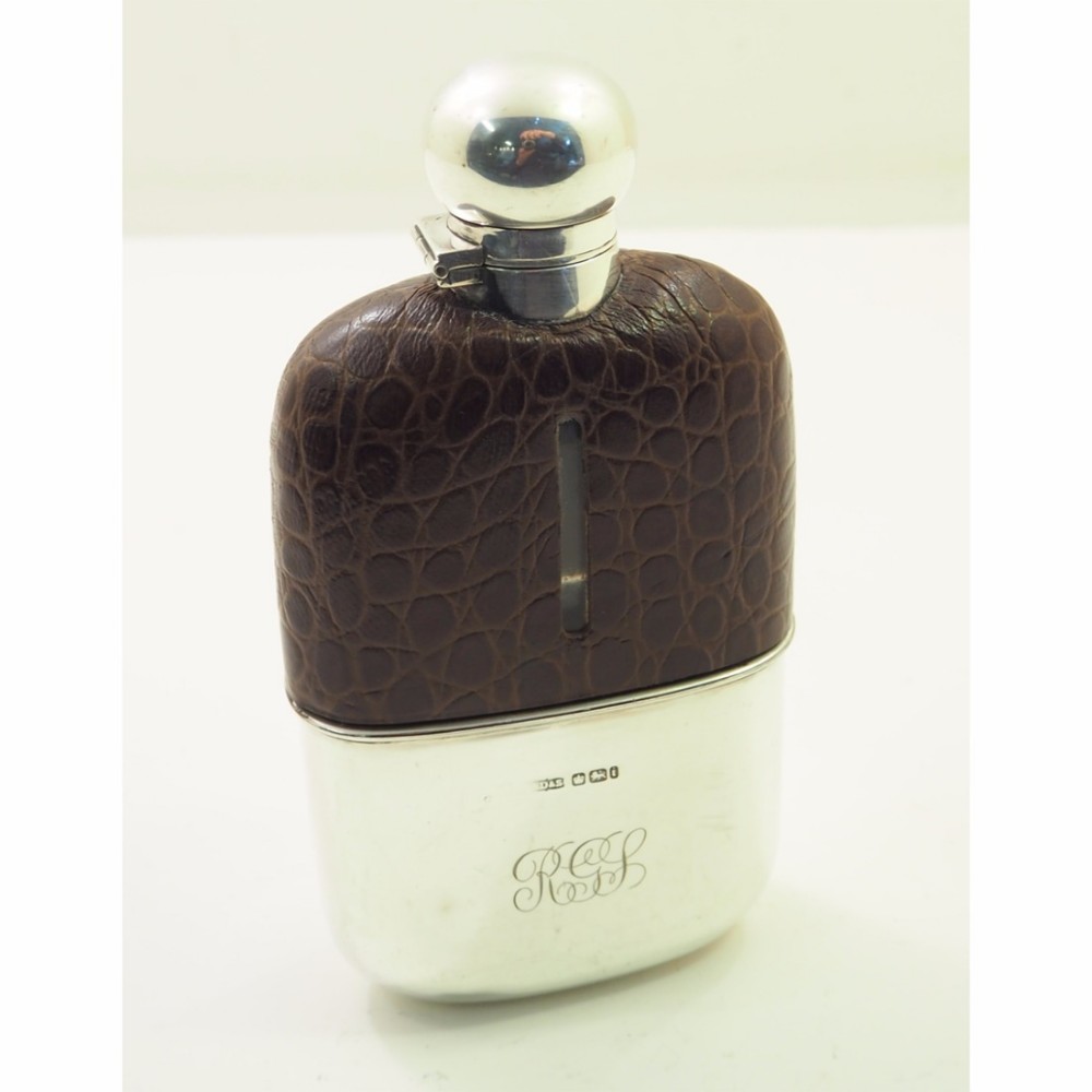 VICTORIAN SILVER & CROCODILE SKIN HIP FLASK. 1901