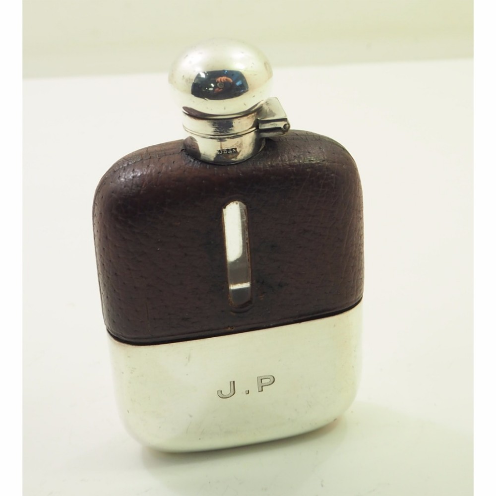EDWARDIAN LEATHER & SILVER PLATED HIP FLASK
