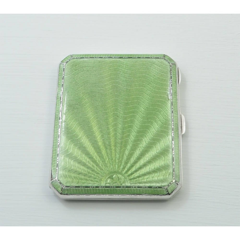 SILVER AND GREEN ENAMEL LADIES CIGARETTE BOX