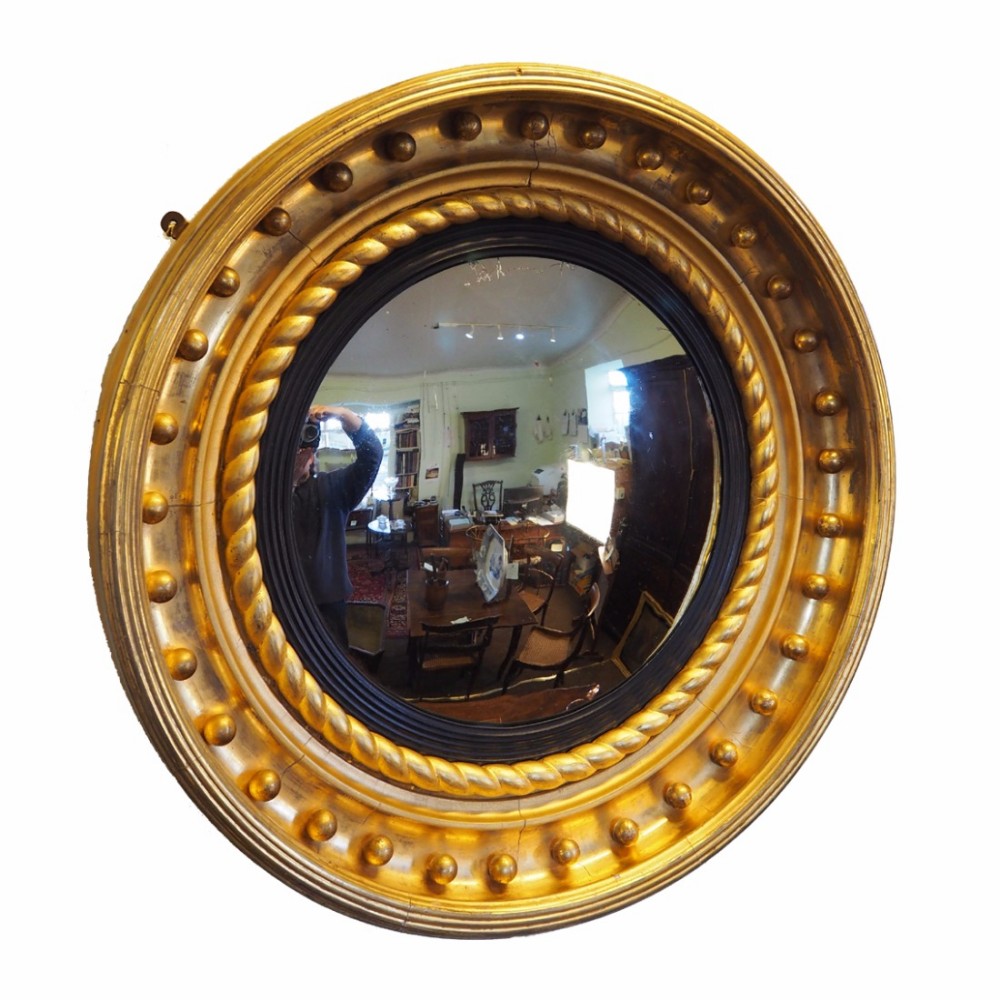GOOD LARGE REGENCY GILDED CONVEX MIRROR 