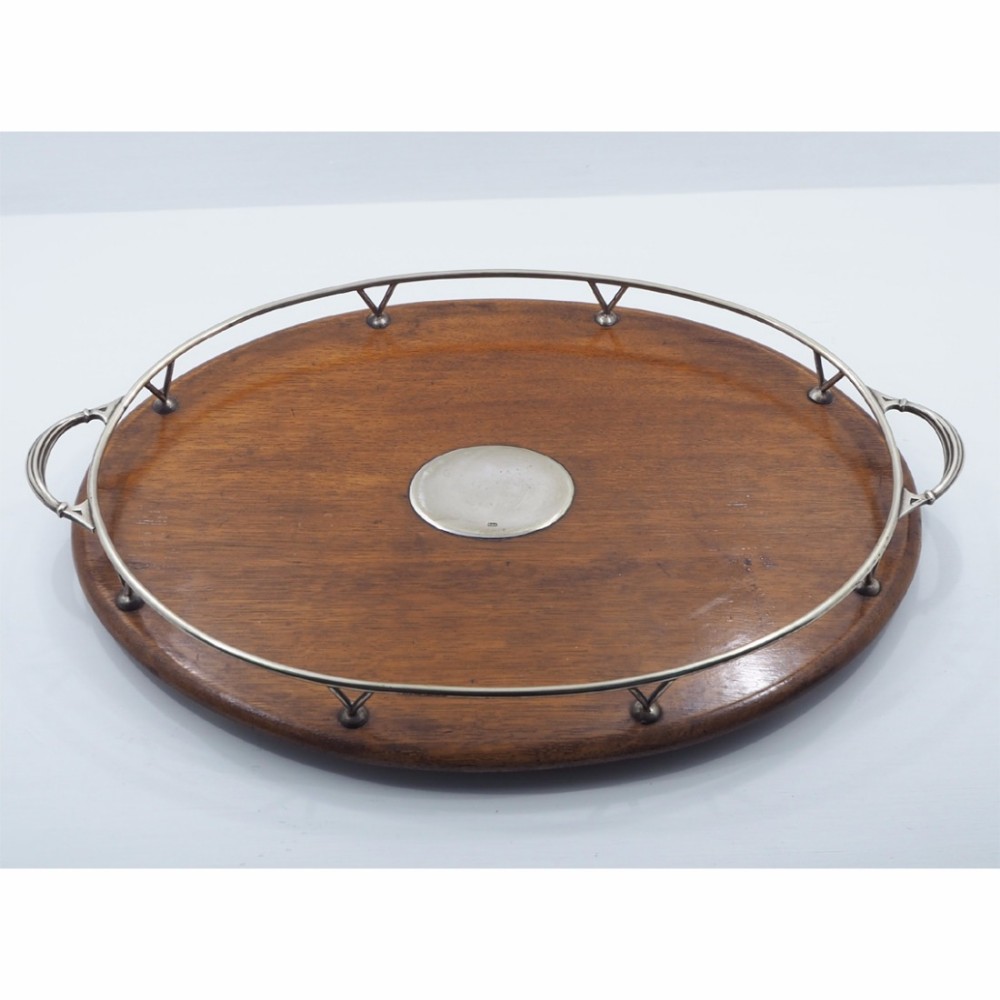 EDWARDIAN OVAL OAK & SILVER PLATED TRAY