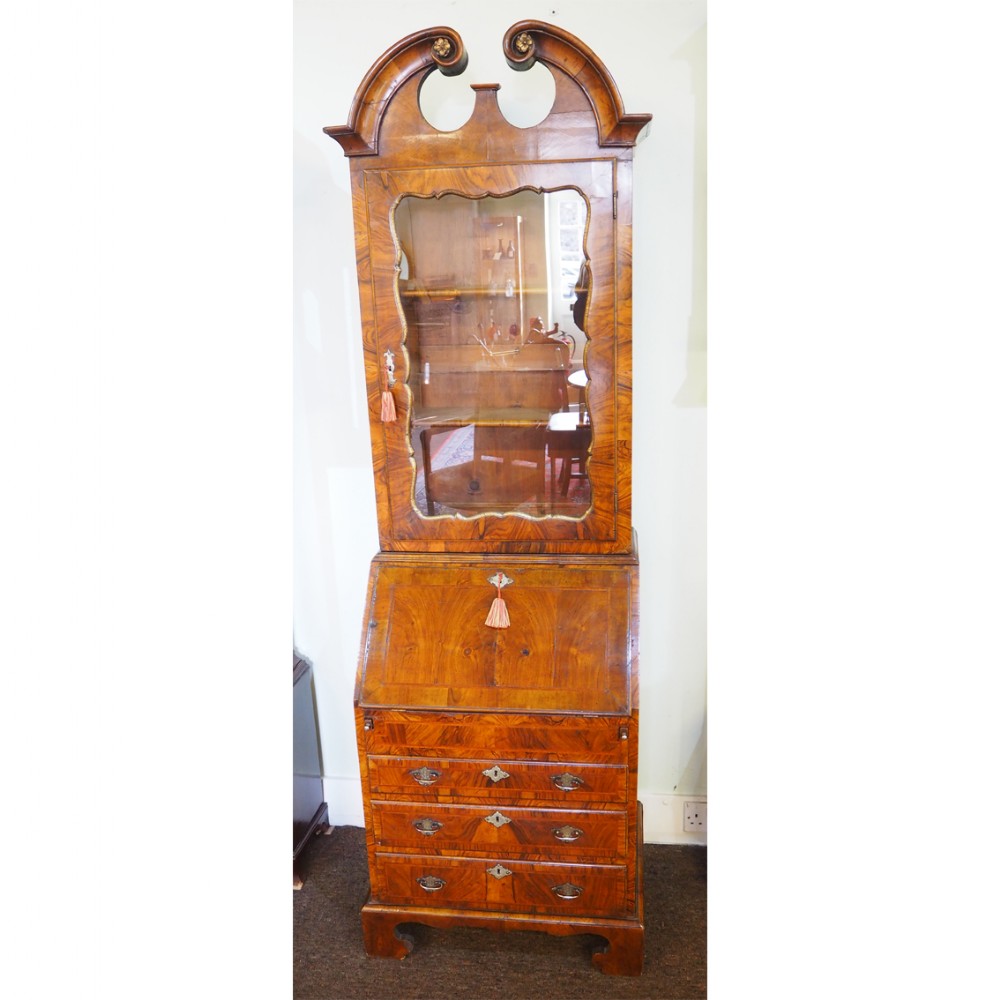 FINE 2' GEORGE I WALNUT BUREAU BOOKCASE