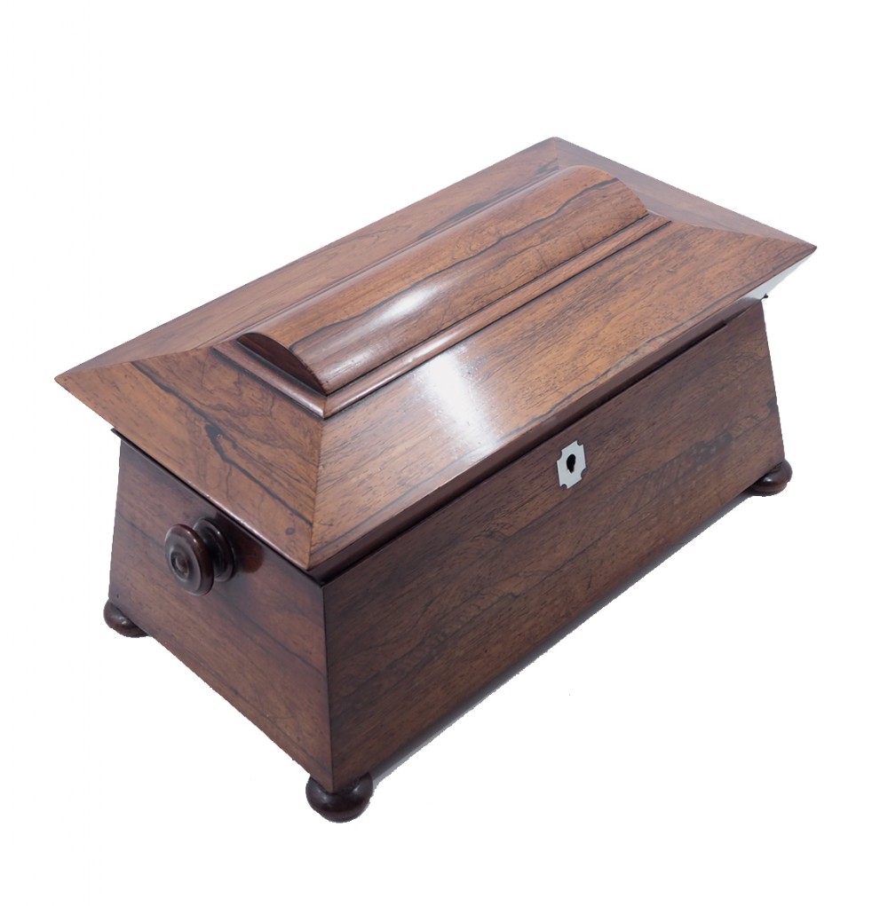 FINE REGENCY ROSEWOOD TEA CADDY. COMPLETE