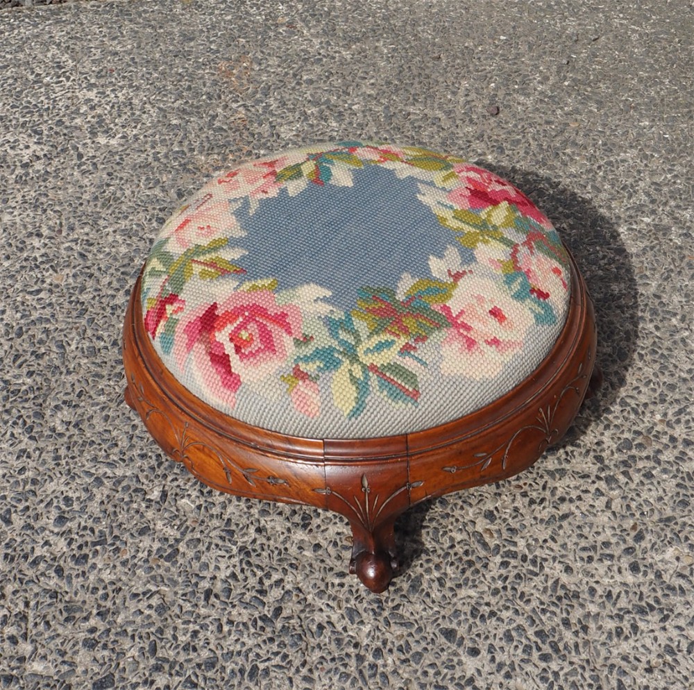 VICTORIAN CARVED WALNUT FOOTSTOOL 