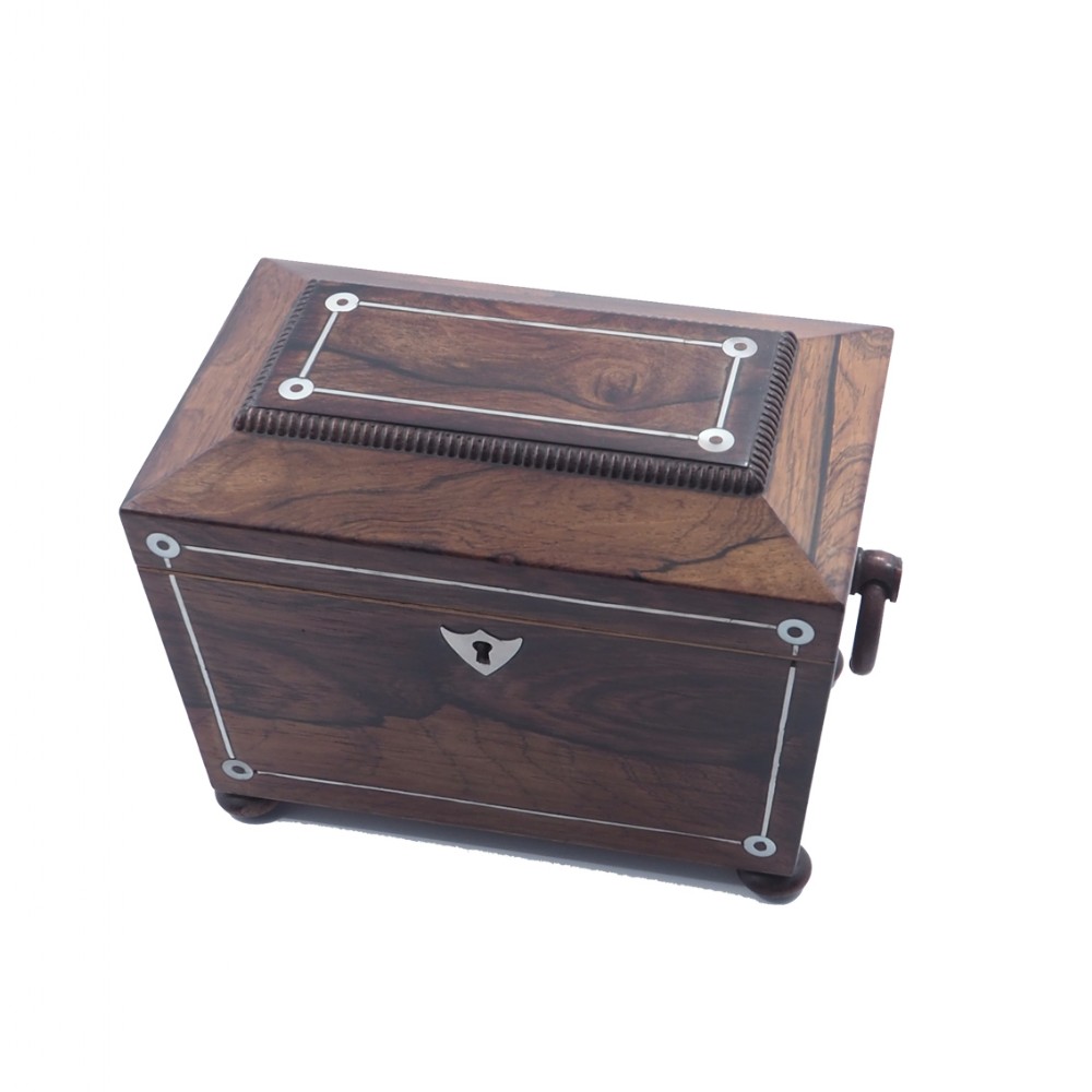 REGENCY ROSEWOOD TEA CADDY. COMPLETE.